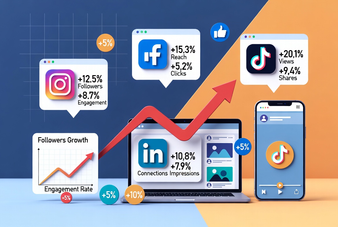 Illustration showing Instagram, Facebook, LinkedIn, and TikTok icons with growth arrows representing social media marketing benefits.