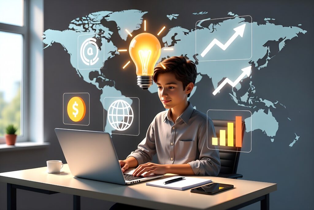 Start Your Business Journey With No Money – 2025 Student Graphic Realistic 3D graphic of a student starting a business with no money, working on a laptop with floating startup icons in a clean modern workspace.