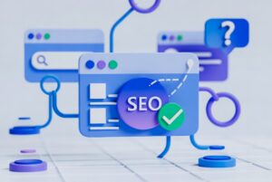 Off-page SEO checklist workspace with laptop showing analytics, backlinks chart, and digital marketing tools.