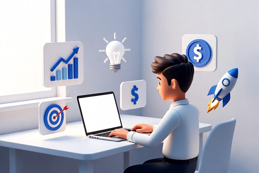 Realistic 3D graphic of a student starting an online business with no money, working on a laptop with digital startup icons in a modern workspace.