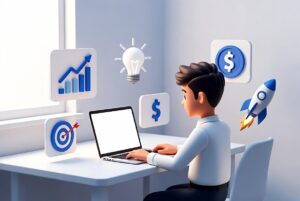 Realistic 3D graphic of a student starting an online business with no money, working on a laptop with digital startup icons in a modern workspace.