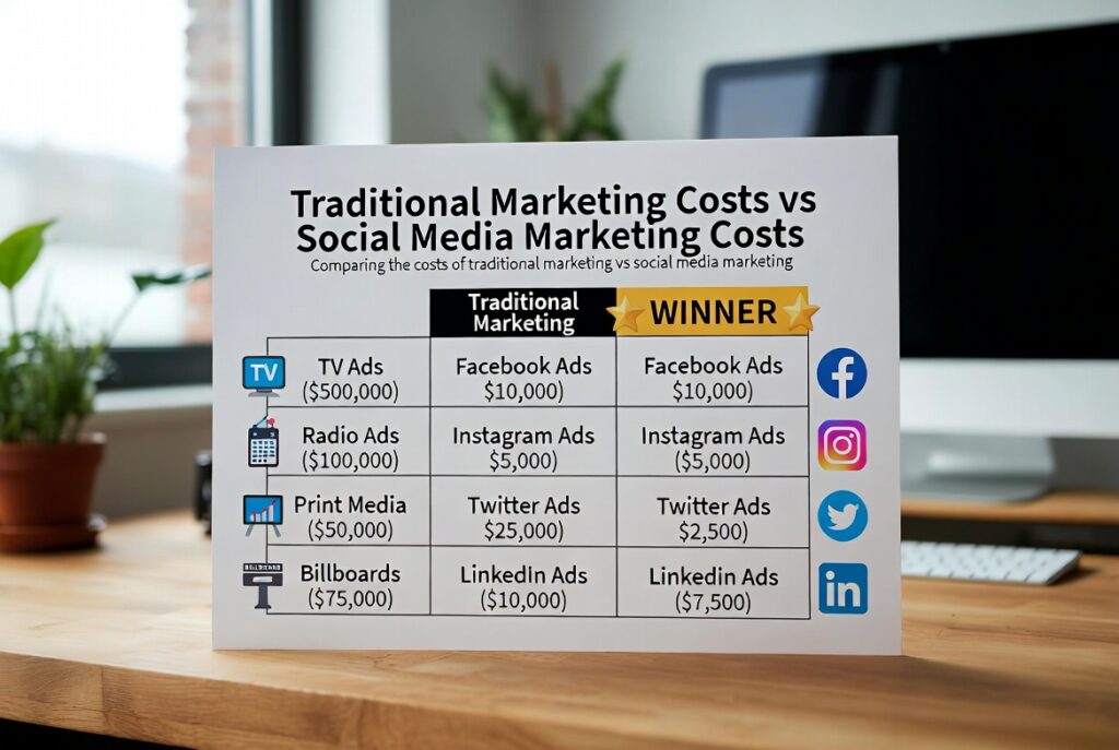 Budget-Friendly Social Media Marketing Tips Comparison chart of low-cost social media vs traditional marketing