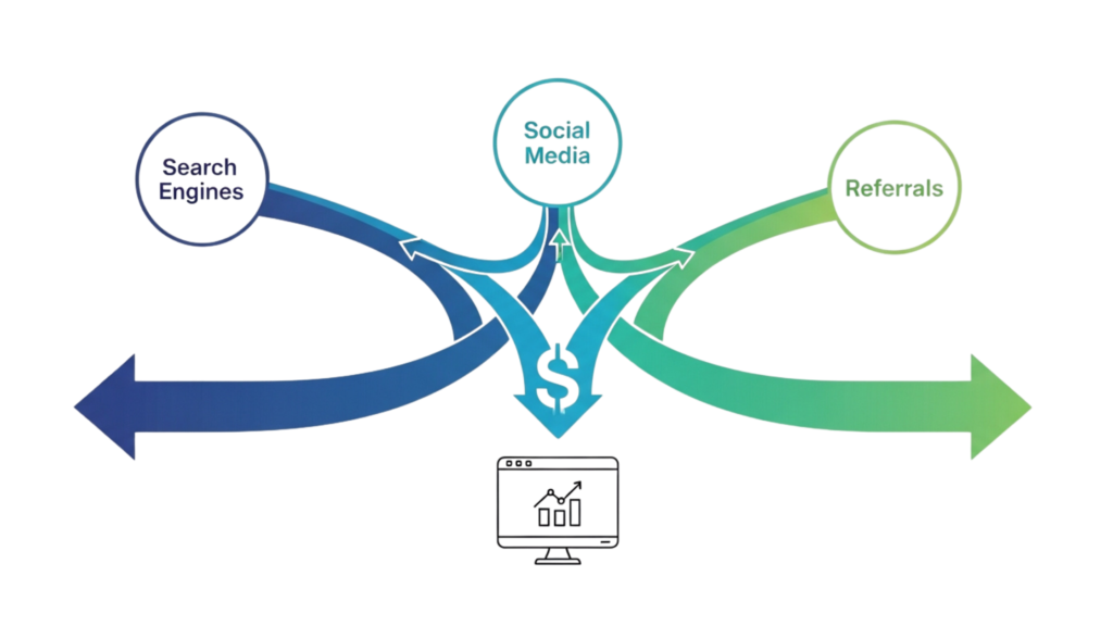 What Is Organic Traffic Growth for Startups A clean marketing infographic on a white background showing traffic from Search Engines, Social Media, and Referrals channeling into a dollar sign and a computer monitor