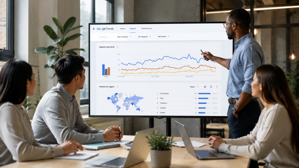 Digital marketing team analyzing search trends, SEO performance, and keyword analytics on a large presentation screen in a modern office.