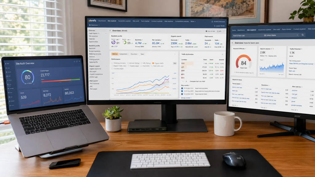 Modern SEO workspace featuring dual monitors with search analytics dashboards, keyword research tools, website performance charts, and digital marketing metrics on a clean office desk.